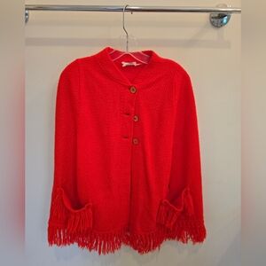 Red Button-Up Sweater with Fringe